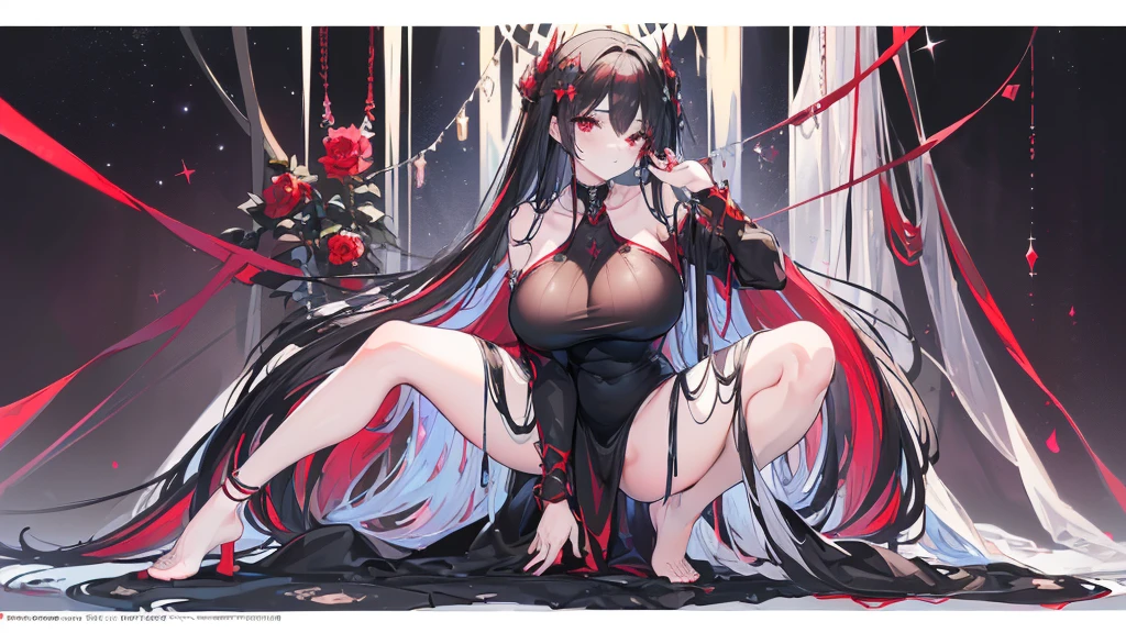 (Exquisite eyes),(Clear and beautiful eyes:1.61),masterpiece, 1 young girl,(Black clothes and some red gems), Black long hair, (She has a huge red gem on her chest), Good Hand,((The Havoc of StarCraft)),full-body shot,Fighting Stance,(Red Eyes:1.466)，short and small,(Very big breasts:1.35),(Pretty Face),(full-body shot:1.33),Beautiful hands