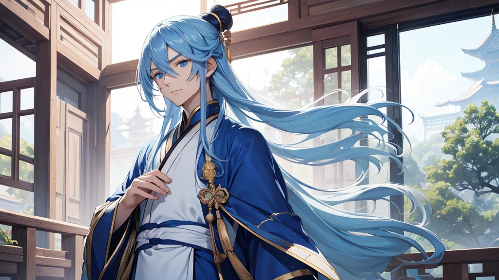 A young man, without a beard, long blue hair, Blue eyes, White skin, China, Hanfu, Blue clothes, hands hidden