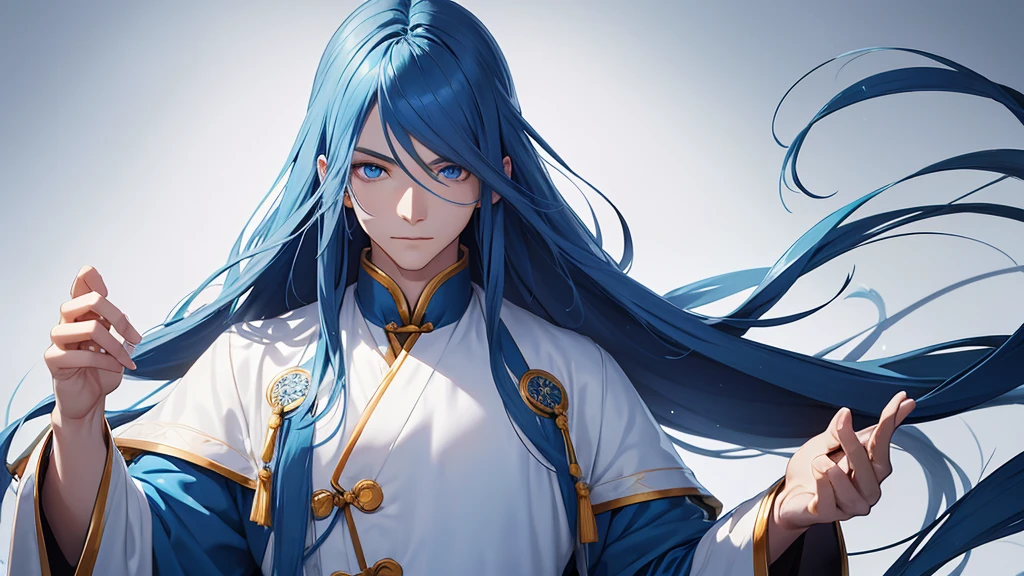 A young man, without a beard, long blue hair, Blue eyes, White skin, China, Hanfu, Blue clothes, hands hidden