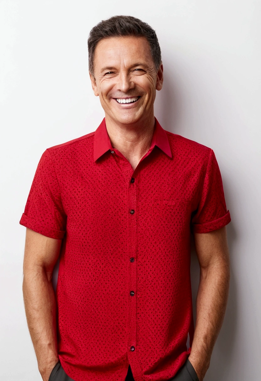 man in red shirt smiling on a white wall background