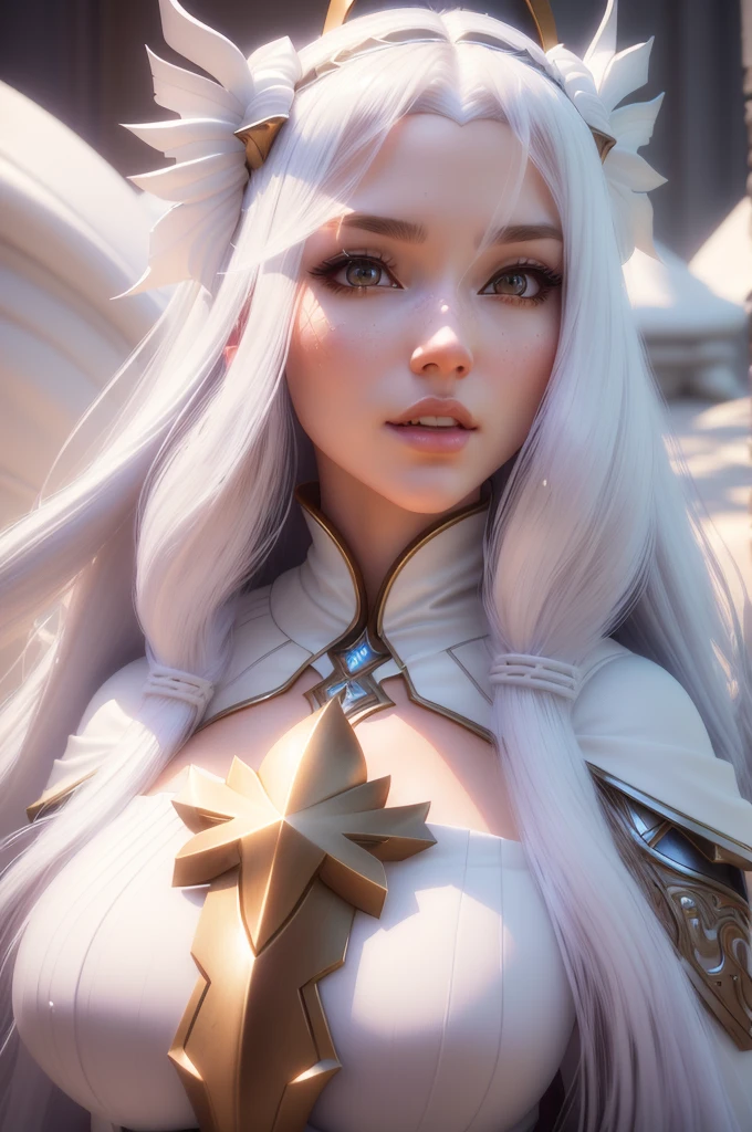 a close up of a woman with long hair wearing a white dress, artgerm ; 3d unreal engine, hyperdetailed fantasy character, 3 d render character art 8 k, portrait knights of zodiac girl, fantasy woman, cinematic bust portrait, deviantart artstation cgscosiety, 3 d character art, goddess. extremely high detail, 3 d goddess minerva