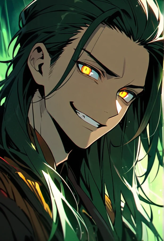 Handsome, solo, 1 man, dark green hair, yellow eyes, 1 man, handsome, male, long hair, detailed, Hair Slicked Back, Messy Hair, Hair Over Shoulder, Glowing Light, Bright Pupils, Smirk, Wide-Eyed, Evil Smile, Amber Eyes, 