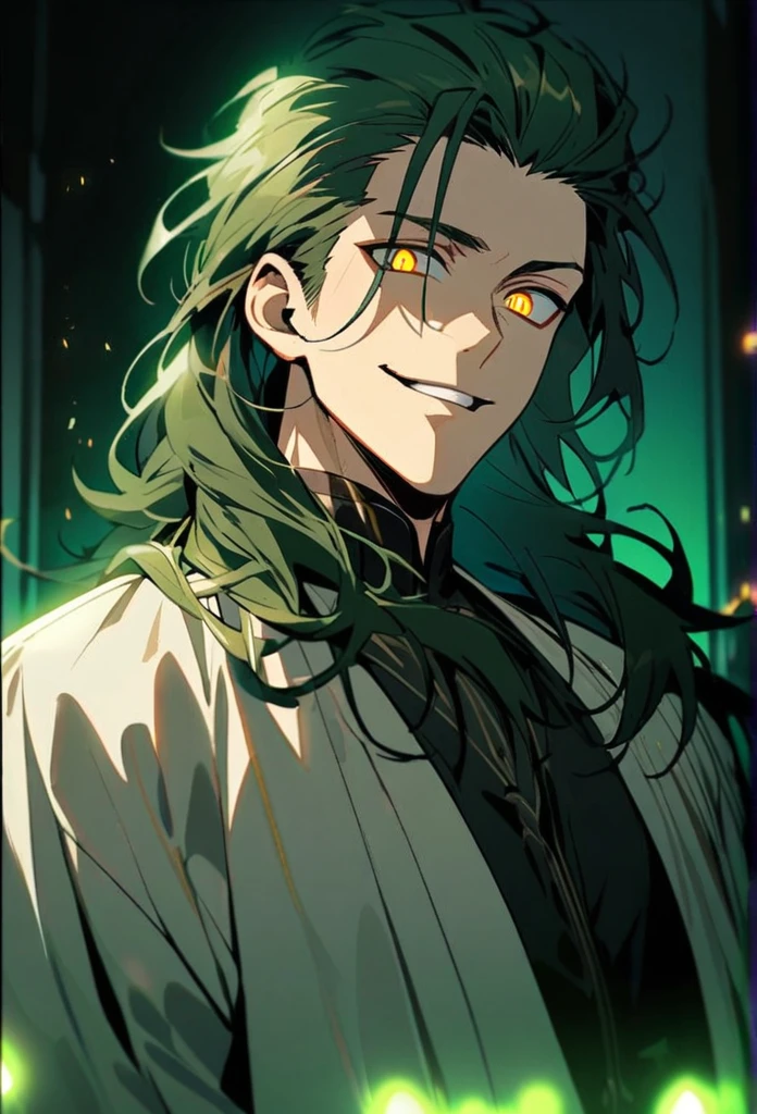Handsome, solo, 1 man, dark green hair, yellow eyes, 1 man, handsome, male, long hair, detailed, Hair Slicked Back, Messy Hair, Hair Over Shoulder, Glowing Light, Bright Pupils, Smirk, Wide-Eyed, Evil Smile, Amber Eyes, 