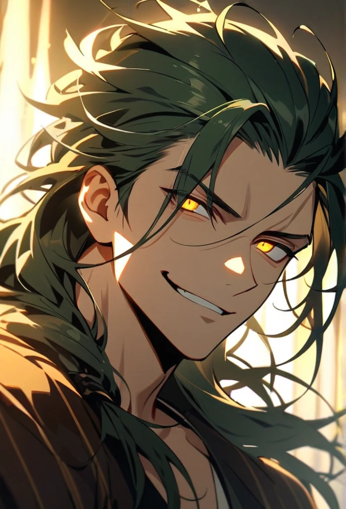 Handsome, solo, 1 man, dark green hair, yellow eyes, 1 man, handsome, male, long hair, detailed, Hair Slicked Back, Messy Hair, Hair Over Shoulder, Glowing Light, Bright Pupils, Smirk, Wide-Eyed, Evil Smile, Amber Eyes,