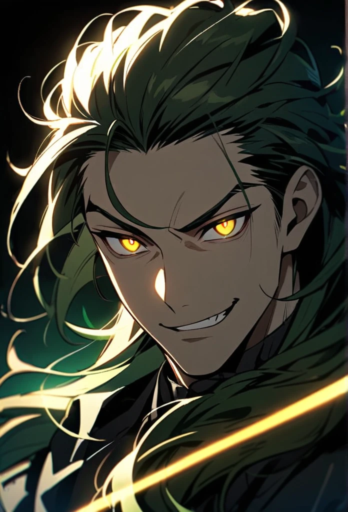 Handsome, solo, 1 man, dark green hair, yellow eyes, 1 man, handsome, male, long hair, detailed, Hair Slicked Back, Messy Hair, Hair Over Shoulder, Glowing Light, Bright Pupils, Smirk, Wide-Eyed, Evil Smile, Amber Eyes,