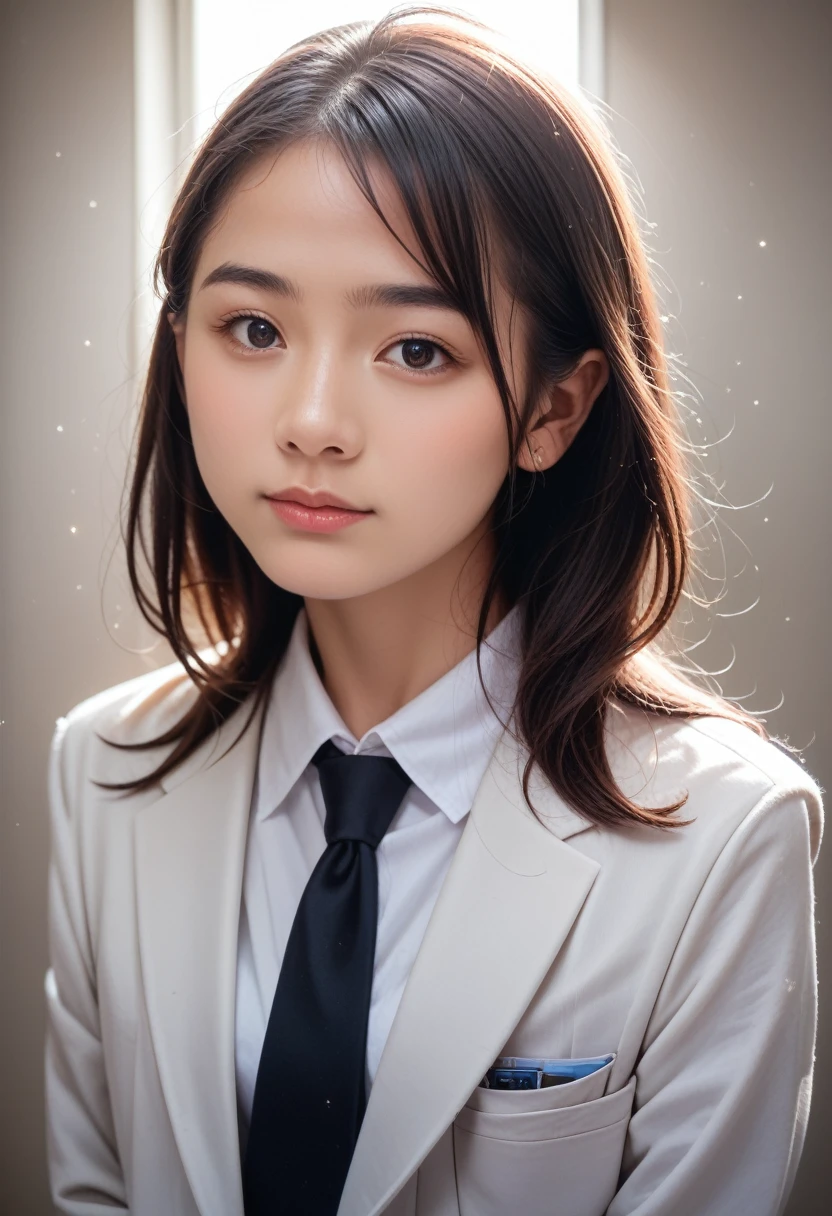 8k, raw photo, best quality, masterpiece, realistic, photo realistic, clear, professional lighting, beautiful face, best quality,ultra high res, realistic japanese beautiful, Super detailed, 1girl, indoor, light particles