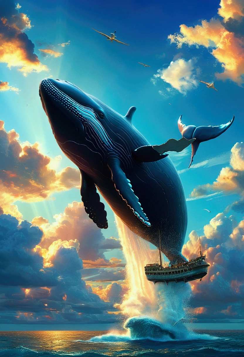 Flying Whale, full body, sky, by Jack_Kirby and Mike Allred, pulp comics, cinematic still, (best quality, masterpiece), very aesthetic, perfect composition, intricate details, ultra-detailed, vivid colors