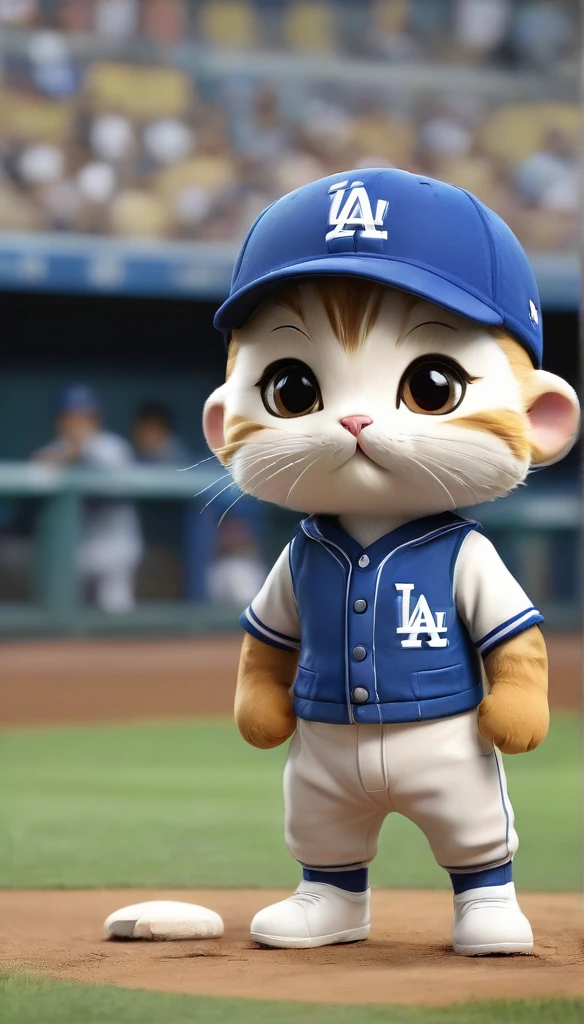 Highest quality,animal,cute,No humans,kitten,Stand on two legs,Hands at your side,brown,Wearing a blue Dodgers uniform、Uniform number 17、Shohei Ohtani