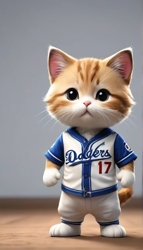 Highest quality,animal,cute,No humans,kitten,Stand on two legs,Hands at your side,brown,Wearing a blue Dodgers uniform、Uniform number 17、Shohei Ohtani