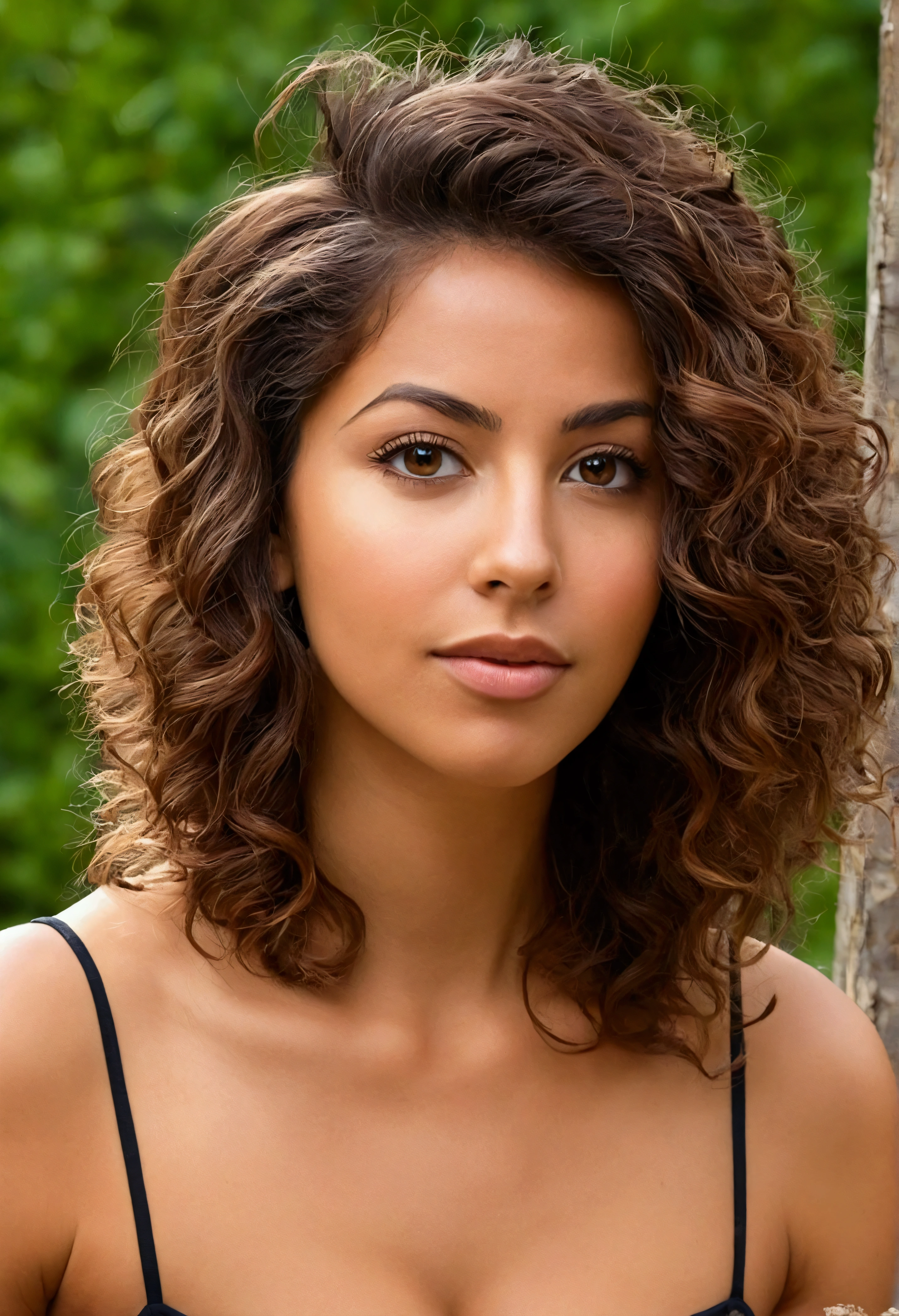 30 year old girl with cheveux bruns and yeux marrons, heureux, expression joyeuse, bouche fermée, Beau lips, nez très fin, latina girl, très détaillé, Magnifique,très détaillé, texture de peau détaillée, (Rougir: 0.5), (chair de poule: 0.5). (cheveux bruns) (cheveux courts et bouclés, les cheveux sauvages, coupe élégante) visage mince, nez très fin, parfait face, mince body (mince), (cheveux bruns) (yeux marrons ) (peau blanche)Abstract painting. In the Park attraction