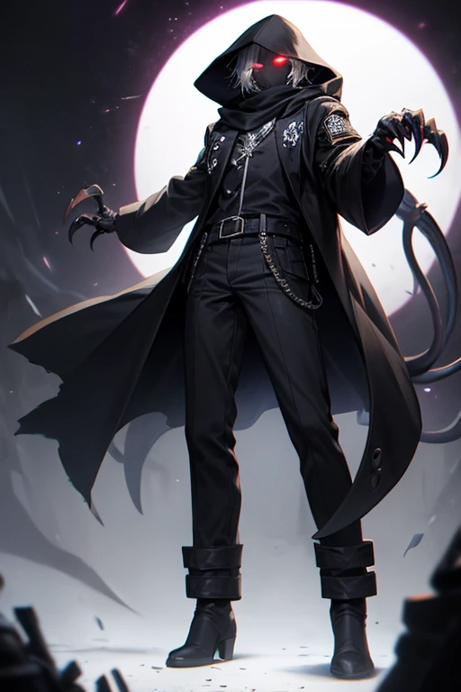 ((best quality)), ((masterpiece)), (detailed), 1 boy, full body, 23 years old, young adult, black scarf, bandage covering his mouth, white glowing eyes, 1 scratch on his right eye, pointed hood, black skin, disheveled hair, black coat, baggy sleeves, tall, thin, ripped sleeves, white zig zag marks on his coat, black portals, black fingers, black wristbands with white circles, black tentacles coming out of his coat, warlock, brooch with eye symbol on his coat, claws, black baggy pants, black boots, floating, floating books, darkness, night city background, anime