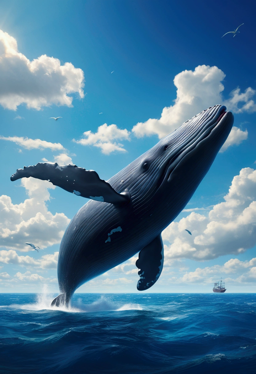 Flying Whale, full body, sky, by Scott Wills, cinematic still, (best quality, masterpiece), very aesthetic, perfect composition, intricate details, ultra-detailed, vivid colors