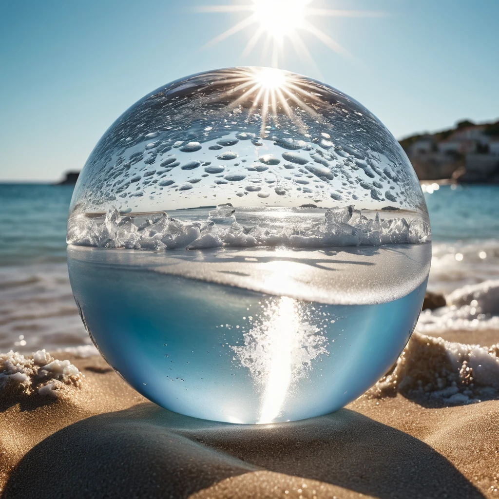Generates a perfect ice sphere in the foreground, All the action takes place under a bright sun on a Mediterranean beach with impressive lighting for a perfect shot. Professional photography, 8k, RAW photo, The best quality, masterpiece, photorealistic, Highly detailed, cinematic lighting, sharp focus, réflex digital, high resolution, photorealistic,
