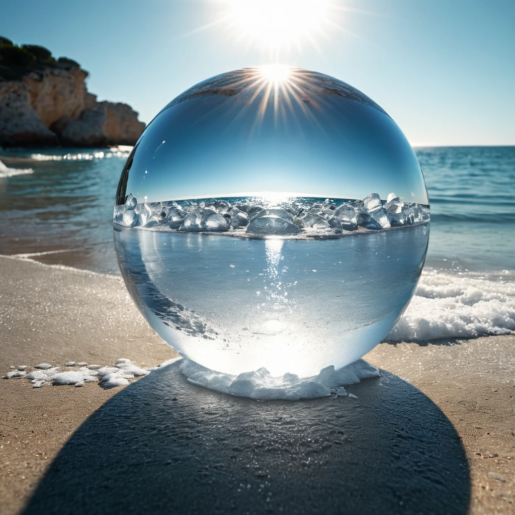 Generates a perfect ice sphere in the foreground, All the action takes place under a bright sun on a Mediterranean beach with impressive lighting for a perfect shot. Professional photography, 8k, RAW photo, The best quality, masterpiece, photorealistic, Highly detailed, cinematic lighting, sharp focus, réflex digital, high resolution, photorealistic,