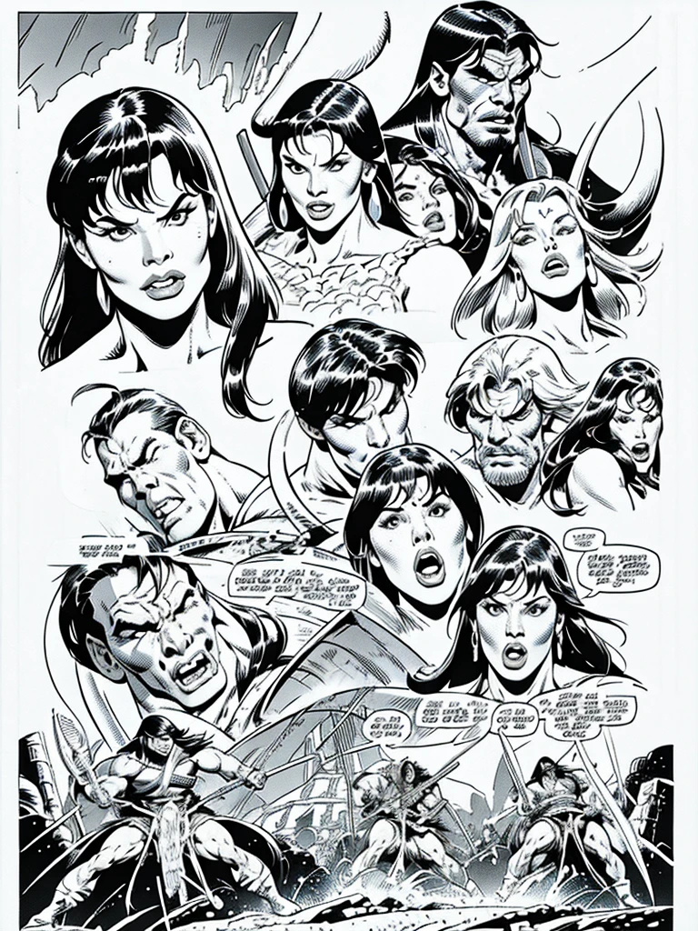 (Conan the Barbarian)Full body,Male and Female illustration in Buscema drawing style;beautiful female,barbarian and warrior woman art,swords and battle axes, Wide Angle,8K True-to-Life Picture Quality, Handsome, muscular body types,Perfect facial details,agressive facial expression,no nsfw images