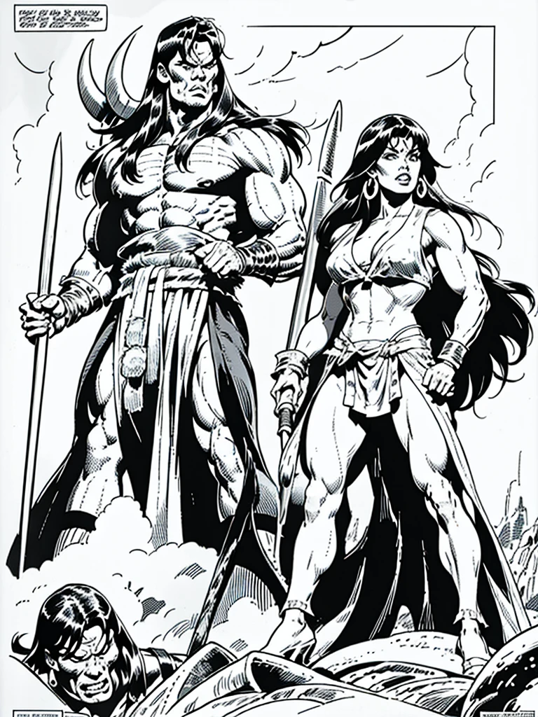 (Conan the Barbarian)Full body,Male and Female illustration in Buscema drawing style;beautiful female,barbarian and warrior woman art,swords and battle axes, Wide Angle,8K True-to-Life Picture Quality, Handsome, muscular body types,Perfect facial details,agressive facial expression,no nsfw images