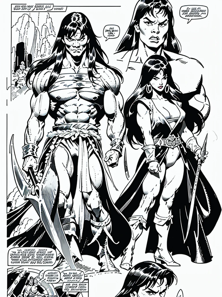 (Conan the Barbarian)Full body,Male and Female illustration in Buscema drawing style;beautiful female,barbarian and warrior woman art,swords and battle axes, Wide Angle,8K True-to-Life Picture Quality, Handsome, muscular body types,Perfect facial details,agressive facial expression,no nsfw images