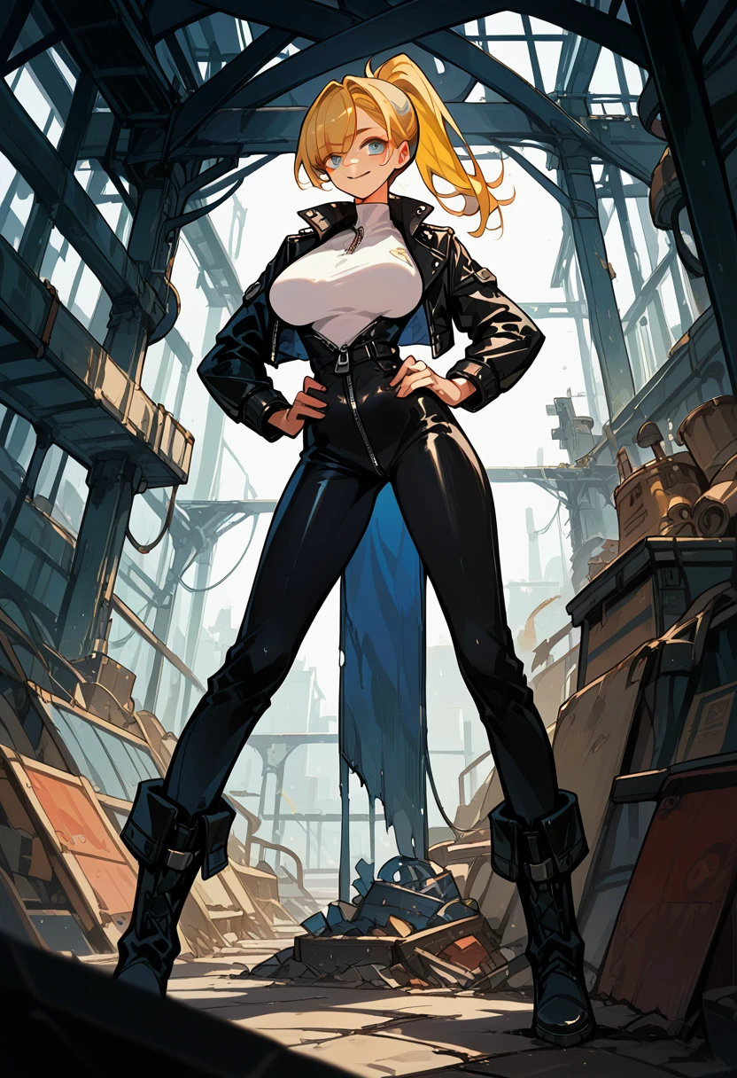 Masterpiece, best quality, Masterpiece, best quality, 1 woman , blue eyes , yellow ponytail , black leather jacket , sly face , smile , leather zipper set , abdomen, big breasts , Long legs , boots , hands on hips , abandoned factory , at night