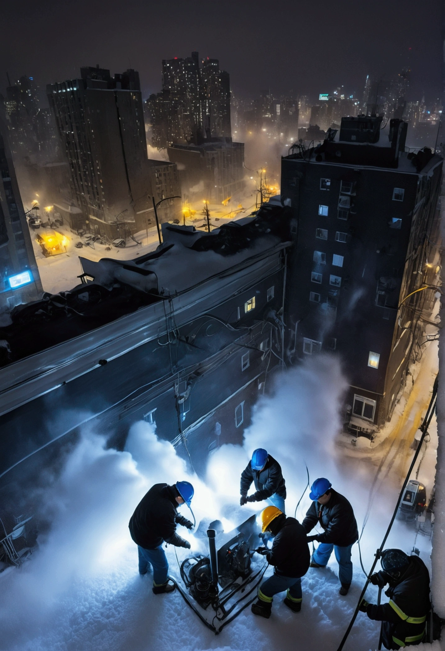 A group of Asian workers wearing blue helmets are repairing a pipeline. The background is a city street in heavy snow, with thick heating pipes (wearing a black cotton jacket: 1.5), (late night, night, night view, lighting: 1.5) (blizzard, blizzard: 1.5), welding, electric welding, (bird’s-eye view,Looking down from the sky: 1.5)