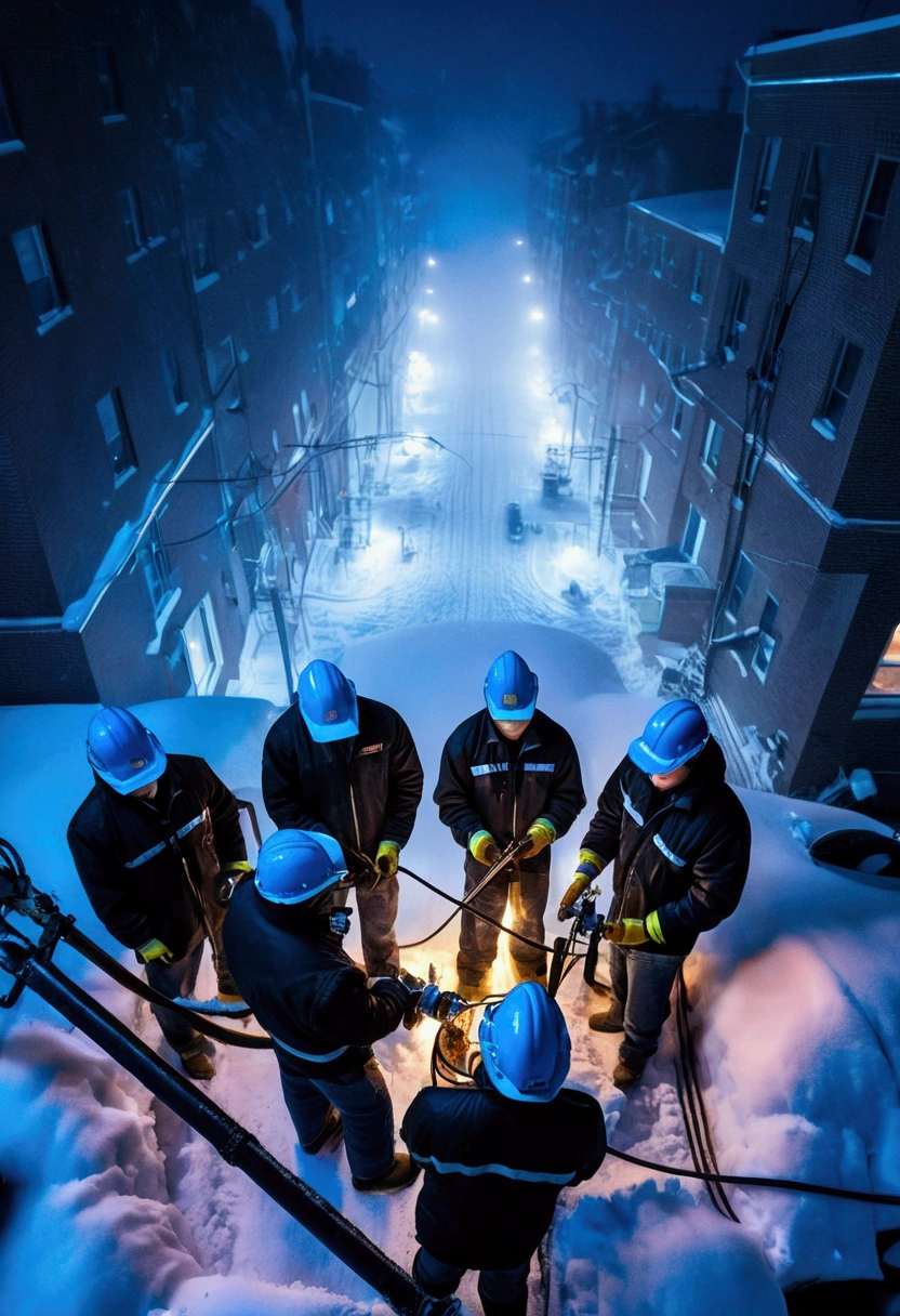 A group of Asian workers wearing blue helmets are repairing a pipeline. The background is a city street in heavy snow, with thick heating pipes (wearing a black cotton jacket: 1.5), (late night, night, night view, lighting: 1.5) (blizzard, blizzard: 1.5), welding, electric welding, (bird’s-eye view,Looking down from the sky: 1.5)