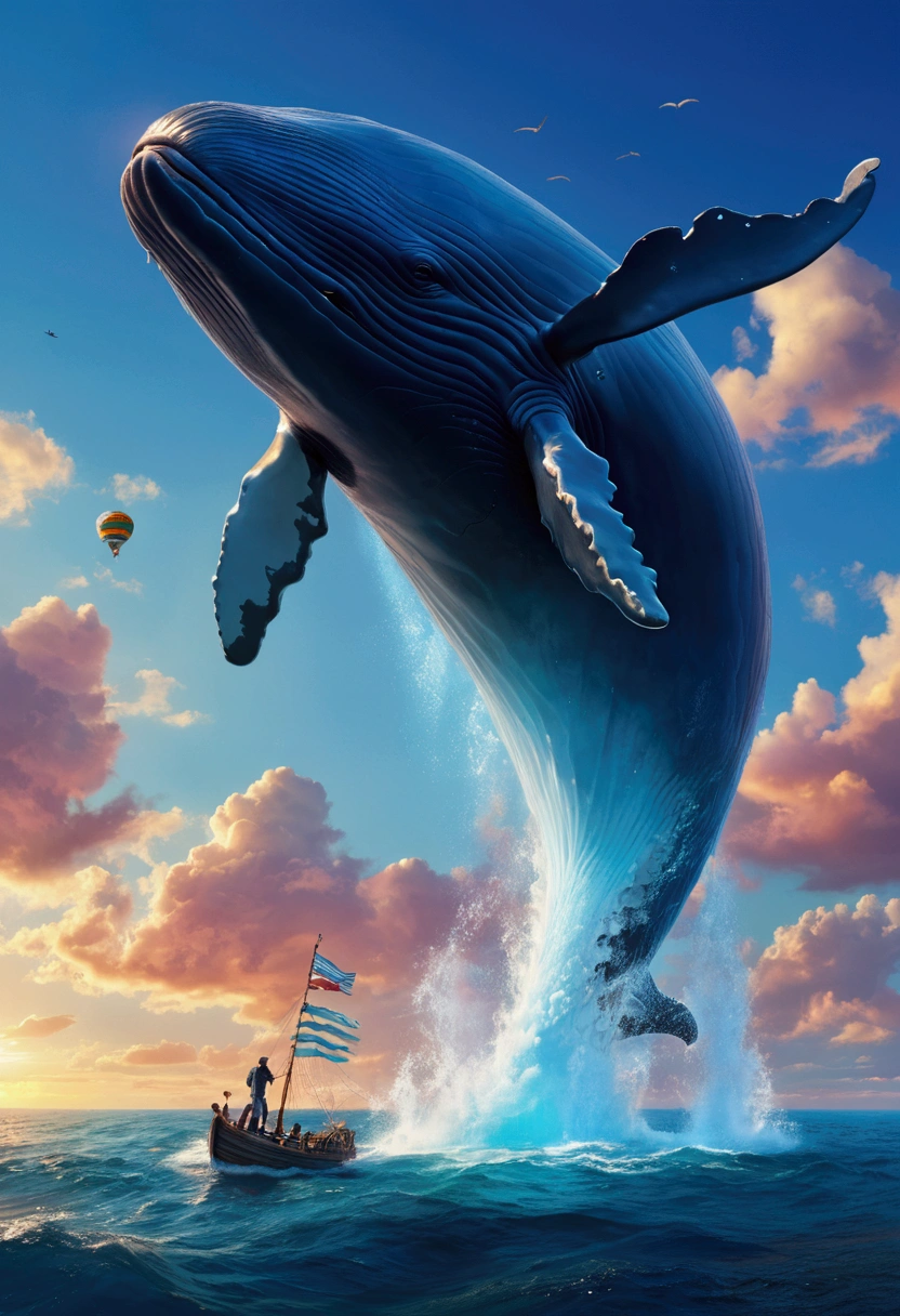 Flying Whale, full body, sky, by Jack_Kirby and Mike Allred, pulp comics, cinematic still, (best quality, masterpiece), very aesthetic, perfect composition, intricate details, ultra-detailed, vivid colors