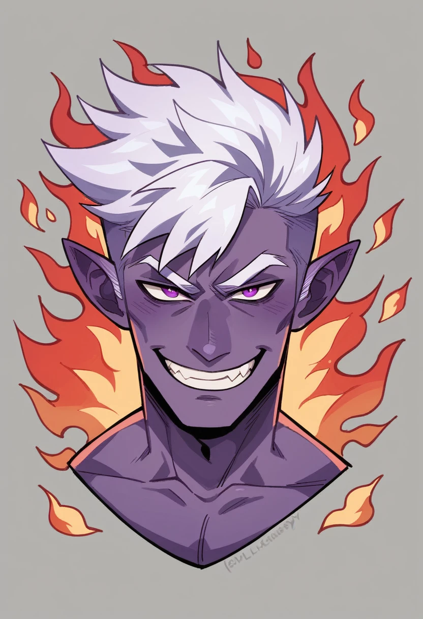 Flamey - cursed spirit of purple flames, devious and mischievous. A little ball of purple flames with two dots as his eyes and spiny smiling mouth, grinning at his own thoughts. He has no physical body and multiplies, looks like a little ball of flames, similar to will-o'-the-wisp kind of spell.