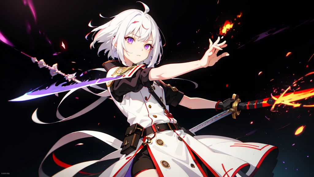 colorful, 1girl, white hair, small, purple eyes, sword, holding sword, red flames, glow, glowing weapon, fire particles, wallpaper, chromatic aberration, bloody, battlefield background
