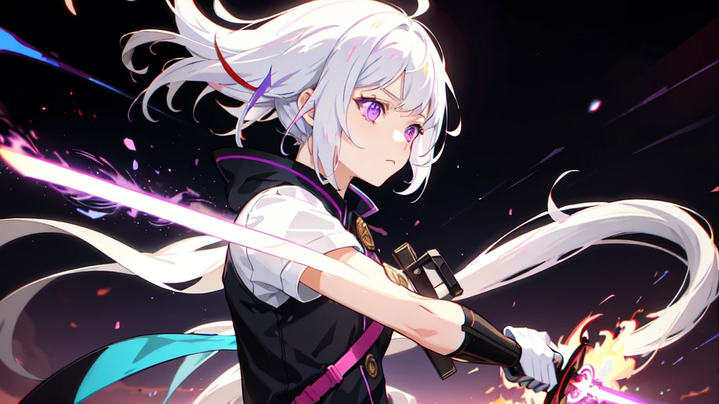 colorful, 1girl, white hair, small, purple eyes, sword, holding sword, red flames, glow, glowing weapon, fire particles, wallpaper, chromatic aberration, bloody, battlefield background
