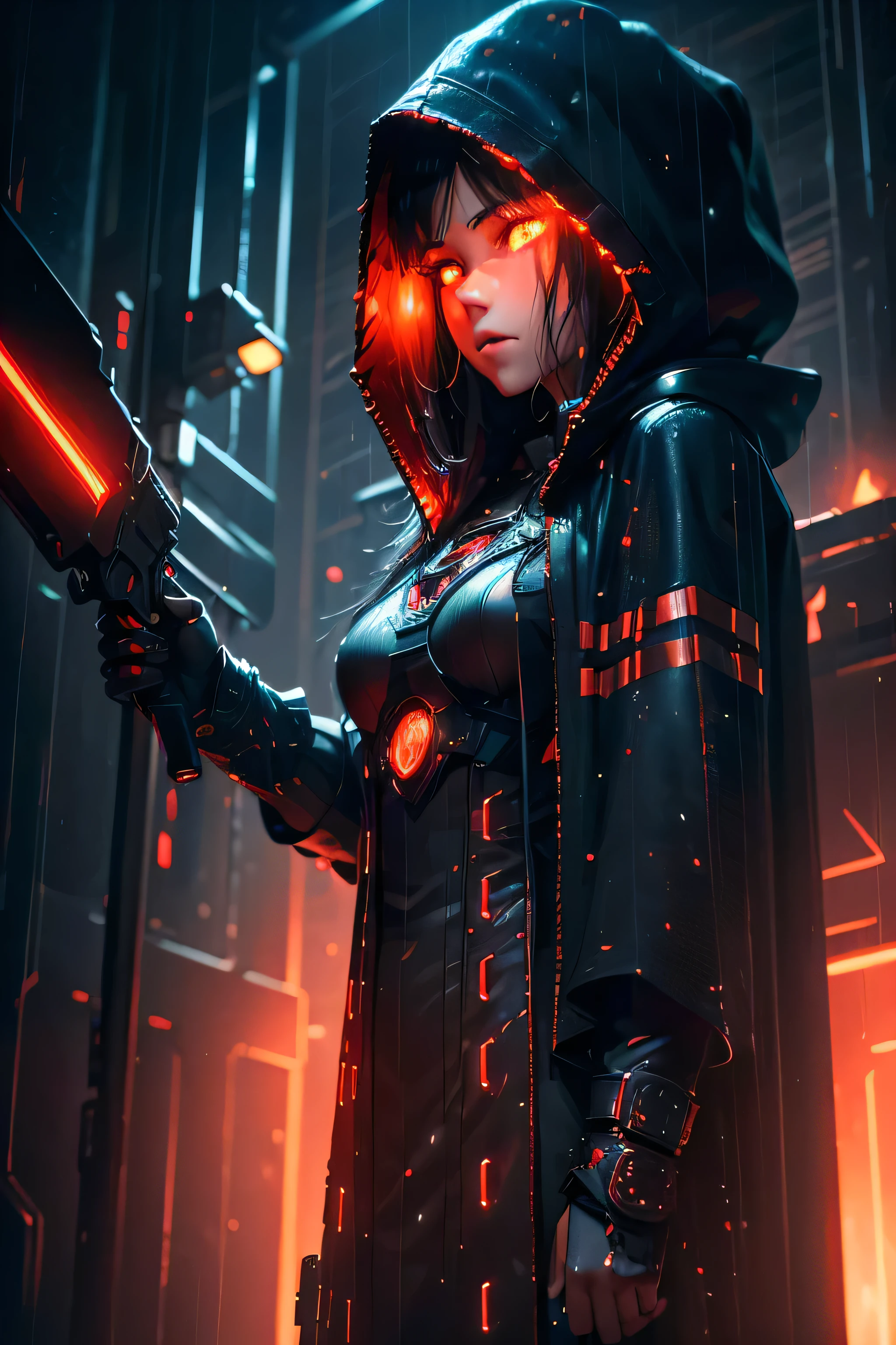(ultra detaild:1.3),(grainy:0.8), natural red lighting, futuristc city, (raining:1.3), (tenebrosa:1.3), (fog:1.2), red lights, orange lights, red lights E garota, Hooded cape, clear logo, [cyberpunk clothes:torn fabric:0.35], red lights, orange lights, threatening, Spitz, (pointing gun at spectator:1.2),(cool colours:0.75), highy detailed, vibrant appearance, creative behavior, extremely detaild, Imaginative, , spontaneous, highest quallity, texture skin, details Intricate, (cinematic lighting), CRU photo, 8k, work of art,best qualityer,ultra detali,very detailed illustrations,extremely detaild,details Intricate,high resolution,super-complex details,extremely detaild 8k cg wallpaper,