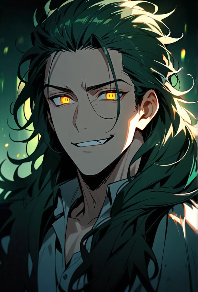 Handsome, solo, 1 man, dark green hair, yellow eyes, 1 man, handsome, male, long hair, detailed, Hair Slicked Back, Messy Hair, Hair Over Shoulder, Glowing Light, Bright Pupils, Smirk, Wide-Eyed, Evil Smile, Amber Eyes, 