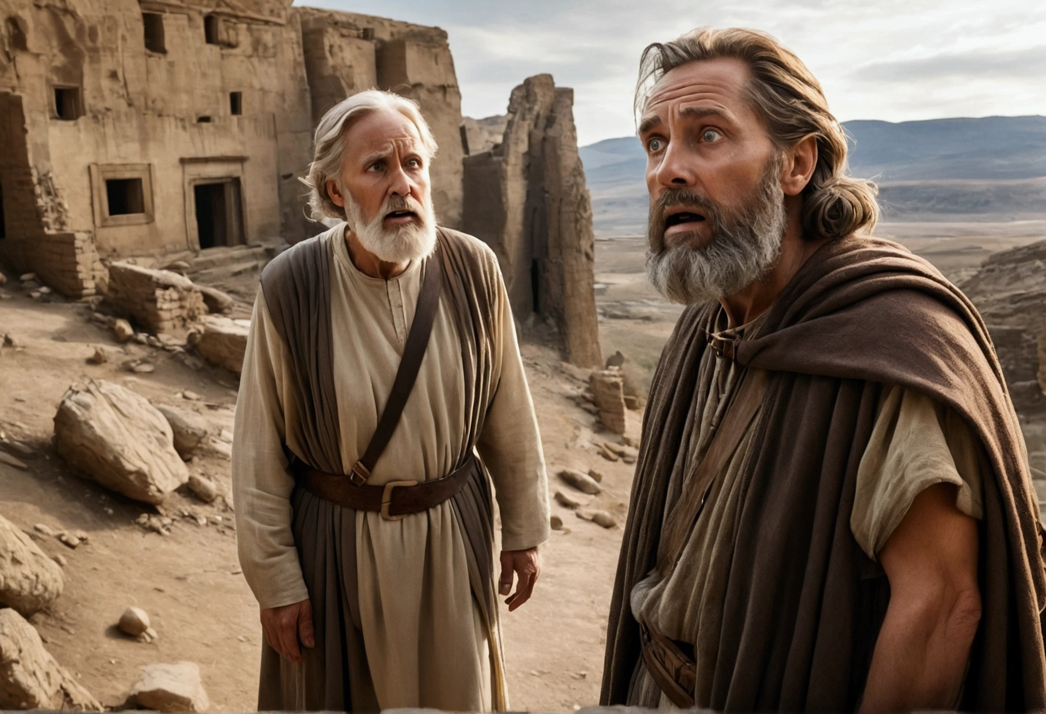 a king, with beard, apparent age of 50 years, looking amazed, scared, focusing on her face, looking at another man, looking 50 years old, desolated, with leg deformity, focus on deformed legs. ancient scenery, time before Christ.