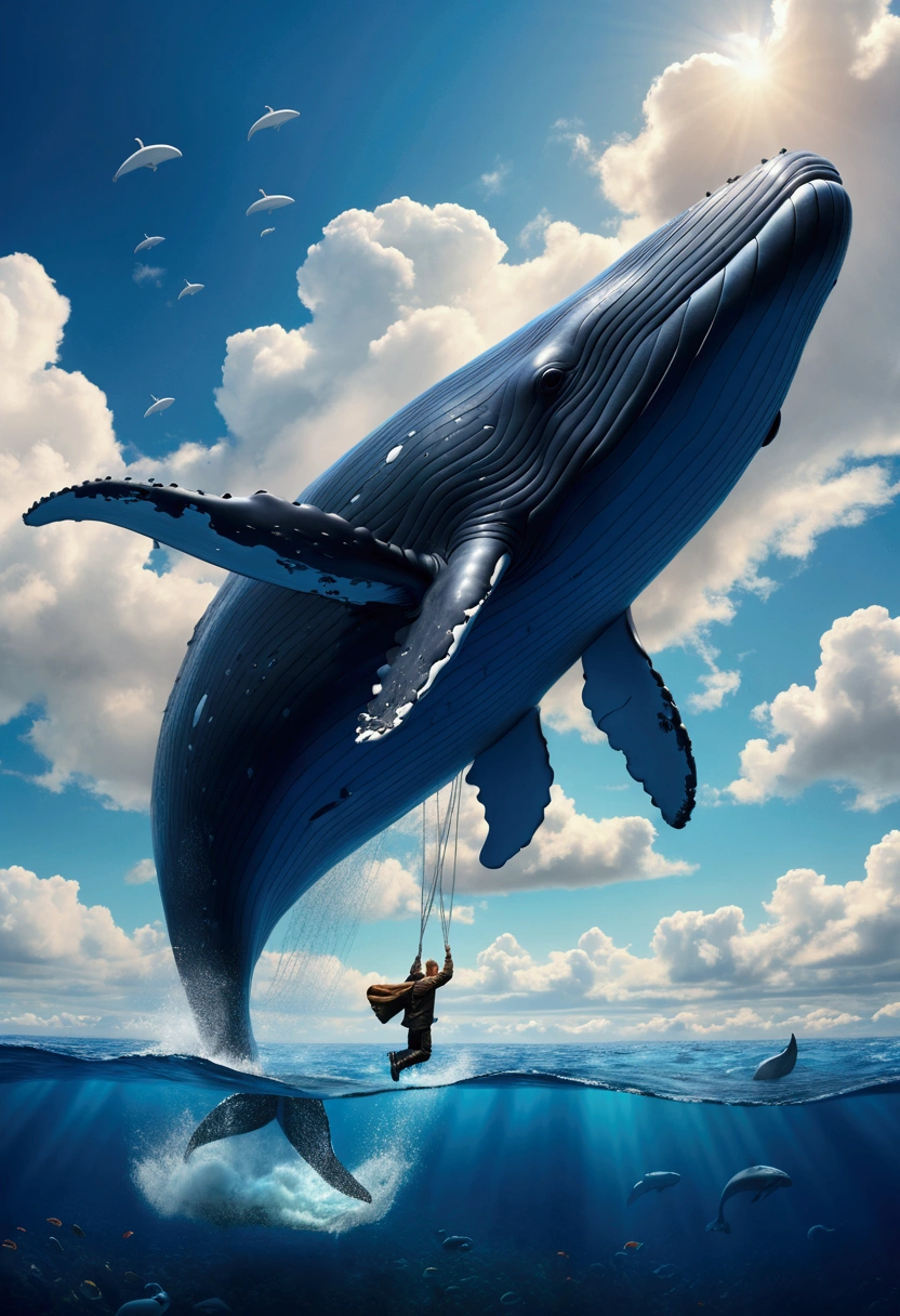 Flying Whale, full body, sky, by Jack_Kirby and Mike Allred, pulp comics, cinematic still, (best quality, masterpiece), very aesthetic, perfect composition, intricate details, ultra-detailed, vivid colors