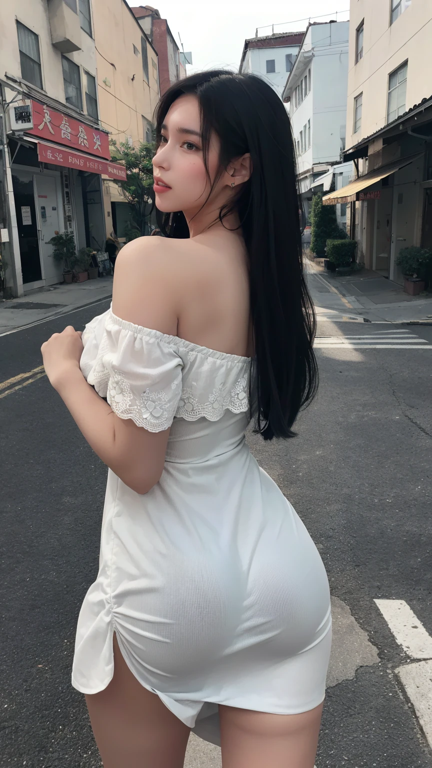 absurdres, highres, ultra detailed, (1 young beautiful girl, 独奏:1.1),off-shoulder dress, Tifa_lockhart,On the street,Sexy pose,look back,