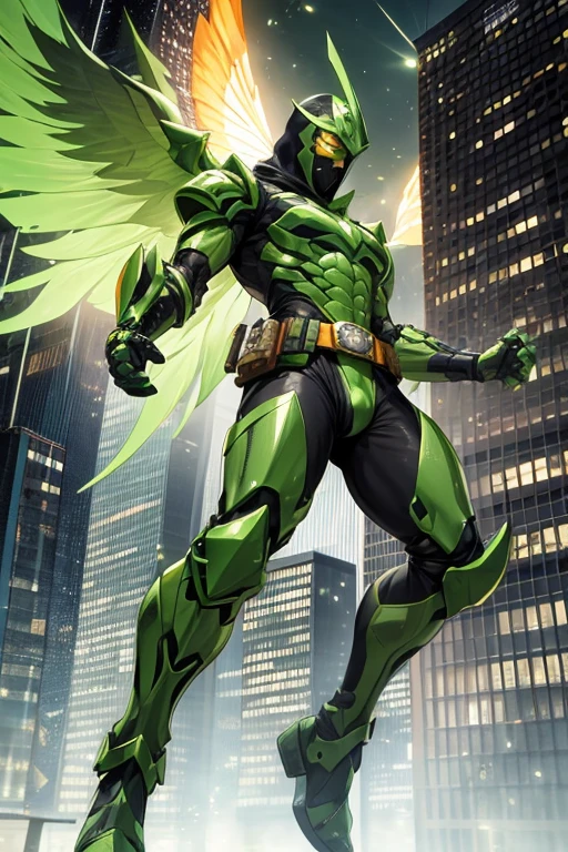 ((best quality)), ((masterpiece)), (detailed), 1 male, full body, 25 years old, masked, lemon green mask covering his entire head, smooth head, mask covering his mouth, 1 small crest on his head, oxygen mask, angry expression, black collar, tall and strong, very athletic, green fly wings, grey details, green fingerless gloves, green wrist guards, lemon green nanotech suit resembling light armor, lemon green chest with an emblem, orange fly emblem on his chest, fly, green pants, green knee pads, metallic green boots, orange superhero belt, flying around a building, city background, anime