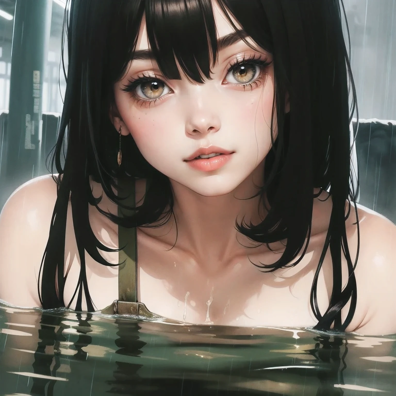 masterpiece, best quality, 2girls, (closeup:1.5), 18yo , slim, small breast, side view, walk knee-deep in water, sad, tired, dirty face, green raincoat, (backpacks), heavy rain, downpour, flood, wasteland, train station, industrial ruins, grey, desolate, rain, dark, watercolor, analog, ((open coan:1.4)), ((topless:1.3))
