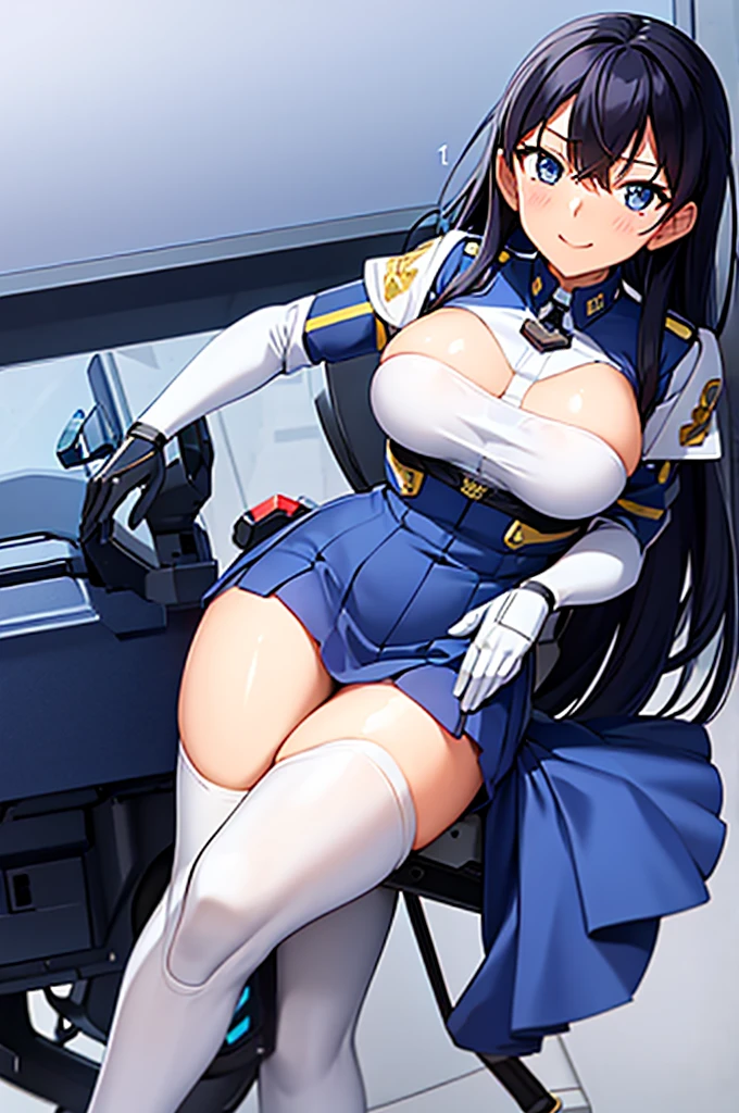 mecha wings、Blue Skirt、Accentuated thighs、chest、Black Hair、1 girl、solo girl、IS、Frame Arms Girl、Alice Gere Aegis、White Armor、Pink Line、income、headphone、hand on own chest、smile、Miike Naeko,One girl,alone,police,police ユニフォーム,police woman