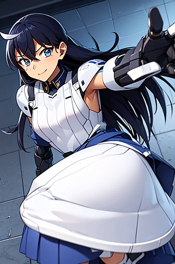 mecha wings、Blue Skirt、Accentuated thighs、chest、Black Hair、1 girl、solo girl、IS、Frame Arms Girl、Alice Gere Aegis、White Armor、Pink Line、income、headphone、hand on own chest、smile、Miike Naeko,One girl,alone,police,police ユニフォーム,police woman