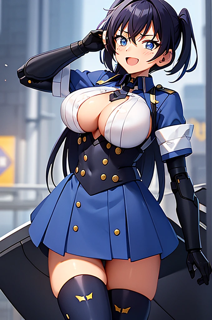 mecha wings、Blue Skirt、Accentuated thighs、chest、Black Hair、1 girl、solo girl、IS、Frame Arms Girl、Alice Gere Aegis、White Armor、Pink Line、income、headphone、hand on own chest、smile、Miike Naeko,One girl,alone,police,police ユニフォーム,police woman