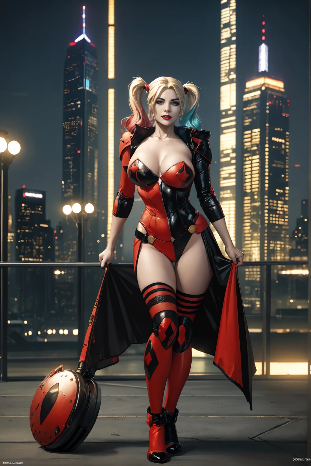 ((full-length portrait, standing, feet on the floor)) straight, looking at viewer, BREAK, cartoon_Harley Quinn, lipstick, original outfit, blue eyes, makeup, lips, red lips, Bodysuit, cleavage, heroine pose, bright, centered art, BREAK, official arts, extremely detailed CG unit wallpaper 8k, full body, looking at viewer, perfect lighting, colorful, bright facial lighting, glowing skin, standing, (masterpiece: 1.0), (best quality: 1.0), extra high resolution, 4k, ultra-detailed, photographic, 8K, HDR, high resolution, down to earth, (nonsense: 1.2), Kodak Portra 400, film grain, blurred background, ( bokeh: 1.2), lens flare, (Vibrants_Color: 1.2), professional photo of a, (pretty face: 1.5) night city background, skyscraper on the roof, exposed skin,