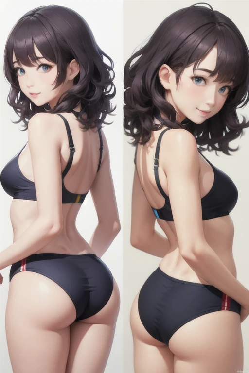 girl,Character design sheet,Beautiful attention to detail,Beautiful lip detail,Very detailed目と顔,Long eyelashes,Realistic,photoRealistic:1.37,Very detailed,Professional,Vibrant colors,Portraiture,Studio Lighting,Physically Based Rendering,High resolution,超High resolution. blue eyes,Big eyes, Close ~ eyes,Long Hair,Curly hair、Black Hair,Red cheeks,Lower eyes,whole body,smile,Swimwear,Small waist,foot,model