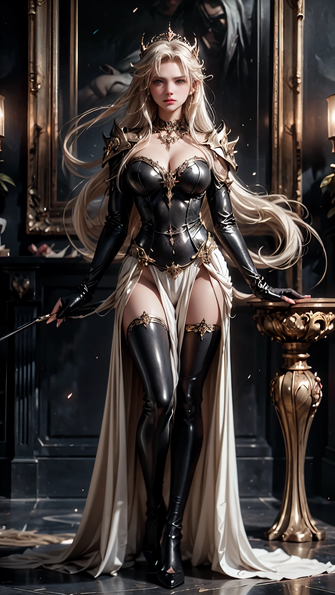 there is a woman dressed in a white and black outfit, black elf, black elf princess, perfect drow, drow, lindo drow, beautiful female drow, black elf countries, female fedrowThe elf, beautiful dark elf countess, haha, Death Knight, Ranger Drow, of an evil female elf, evil gaze, meanness, Terror, Dark love, anger, hatred, nervosa, work of art, highest quallity, (face perfect:1.1) , (high détail:1.1),work of art, 8k, 。.3d, realisitic, Ultra-microphotography, best qualityer, offcial art, True realism, Lighting, shiny colors, Lighting, Lighting Dramática, Face pretty,([long hair hair]:1.8), (whole body:1.8), (full body standing image:1.8), (Upper Body Up:0.3), (hyper realisitic:1.4), (realisitic:1.3), (pele com textura real da best qualityer),work of art, highest quallity, (face perfect:1.1) , (high détail:1.1), Dramatic, female triplets, breastsout, White hair, Eyes red, neckleace, long hair, curved, large breastsout,(huge hips:1.5), (camel toe),work of art, highest quallity, (face perfect:1.1) , (high détail:1.1), Dramatic, female triplets, breastsout, White hair, Eyes red, neckleace, long hair, curved, large breastsout,a close up of a woman wearing a crown and a black dress, portrait of princess, princess portrait, pintura de portrait of a princess, portrait of a princess, realisitic renaissance portrait, work of art! portrait of arwen, renaissance portrait, renaissance digital painting, princess Vulvine oil painting, fantasy genre portrait, medieval portrait, portrait of a young empress, renaissance oil portrait