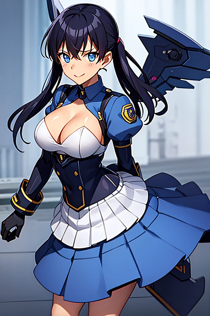 mecha wings、Blue Skirt、Accentuated thighs、chest、Black Hair、1 girl、solo girl、IS、Frame Arms Girl、Alice Gere Aegis、White Armor、Pink Line、income、headphone、hand on own chest、smile、Miike Naeko,One girl,alone,police,police ユニフォーム,police woman