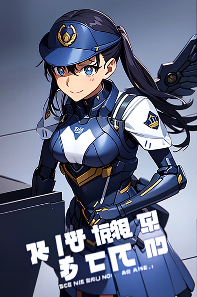 mecha wings、Blue Skirt、Accentuated thighs、chest、Black Hair、1 girl、solo girl、IS、Frame Arms Girl、Alice Gere Aegis、White Armor、Pink Line、income、headphone、hand on own chest、smile、Miike Naeko,One girl,alone,police,police ユニフォーム,police woman