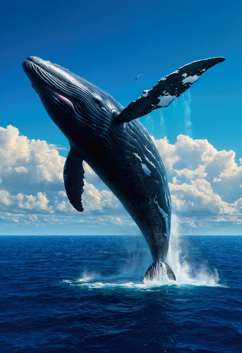 Flying Whale, full body, sky, by Michal Kváč, cinematic still, (best quality, masterpiece), very aesthetic, perfect composition, intricate details, ultra-detailed, vivid colors