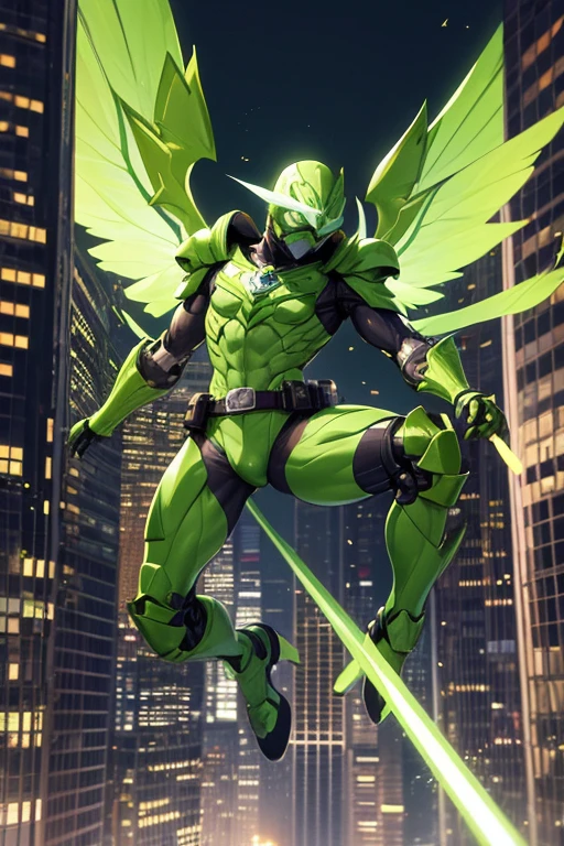 ((best quality)), ((masterpiece)), (detailed), 1 male, full body, 25 years old, masked, lemon green mask covering his entire head, smooth head, mask covering his mouth, 1 small crest on his head, oxygen mask, angry expression, black collar, tall and strong, very athletic, green fly wings, grey details, green fingerless gloves, green wrist guards, lemon green nanotech suit resembling light armor, lemon green chest with an emblem, orange fly emblem on his chest, fly, green pants, green knee pads, metallic green boots, orange superhero belt, flying around a building, city background, anime