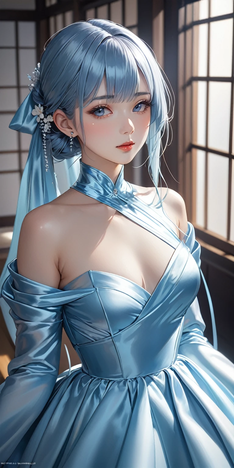 Portraiture、(masterpiece,Highest quality,Ultra-high resolution),Japanese women, (((Very beautiful 25 year old girl))),She is wearing a long-sleeved dress made of shiny light blue satin.、The dress has a simple design and doesn&#39;t reveal any bare skin.
