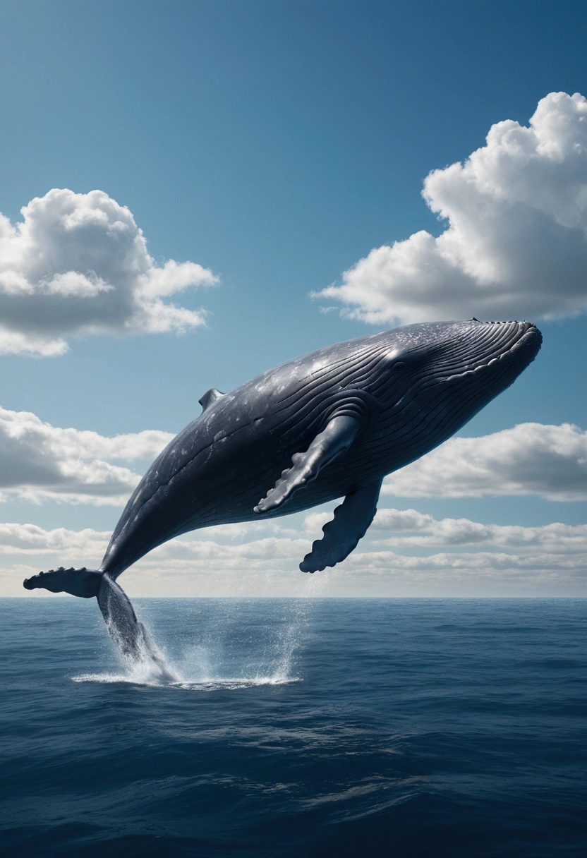 Flying Whale, full body, sky, by Michal Kváč, cinematic still, (best quality, masterpiece), very aesthetic, perfect composition, intricate details, ultra-detailed, vivid colors
