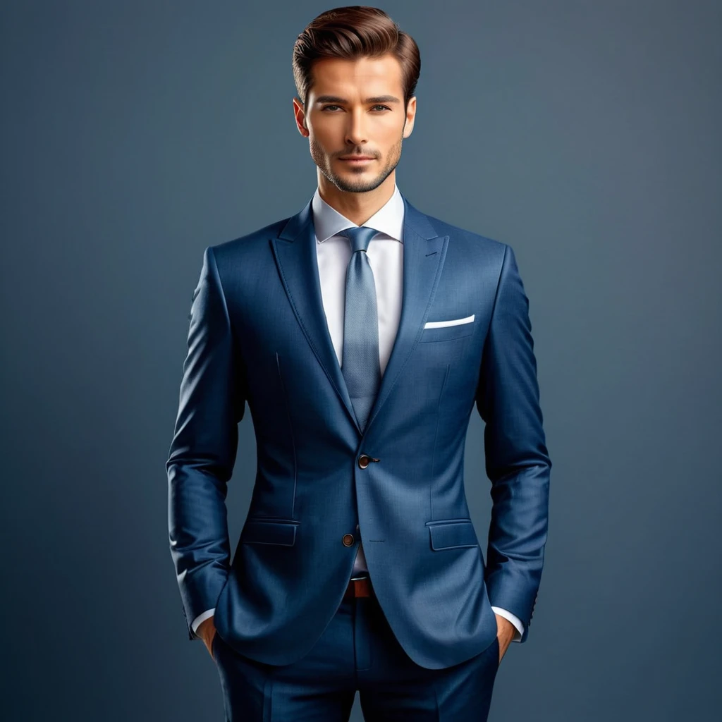 Generate an image of an elegant person, showing only half of his body in an upright position. The image must capture from head to waist, highlighting a sophisticated and stylized demeanor.