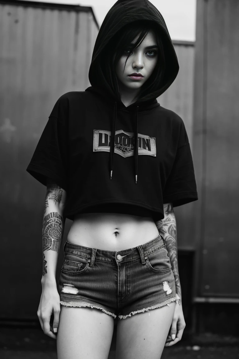 a beautiful 18 year old slim and sexy woman, emo girl, black short sleeve hoodie, denim shorts, detailed face, long eyelashes, intricate makeup, moody expression, dark aesthetic, dramatic lighting, cinematic composition, muted color palette, dramatic shadows, grungy urban environment
