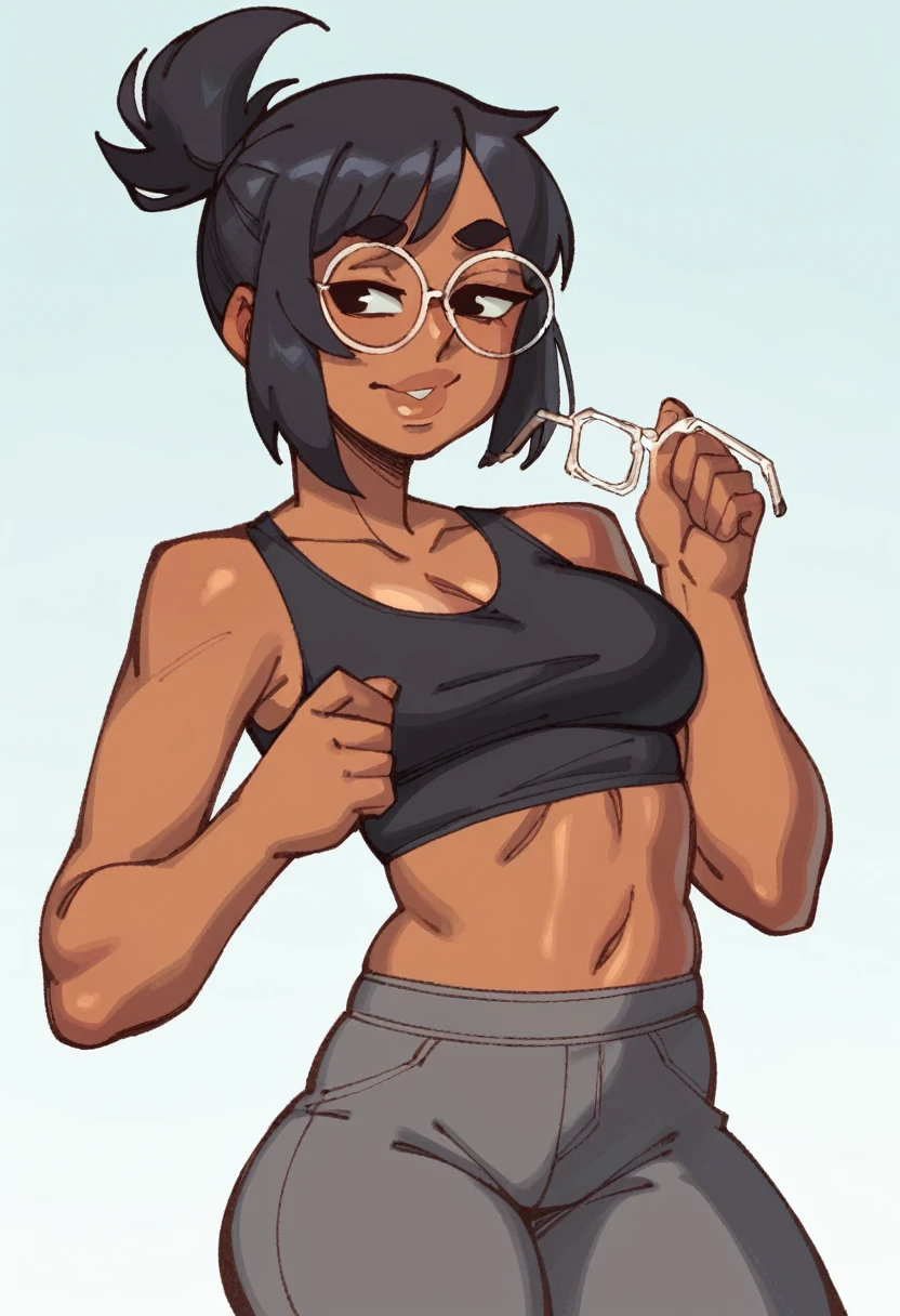 (masterpiece, best quality:1.3), Rizdraws, Thin Lineart, Soft Lineart, 1girl, solo, short black hair, black hair, bangs that go to the side down her face, large round glasses, small ponytail, hair tie, pure white glasses, black tank top, dark gray pants, small midriff, brown skin,